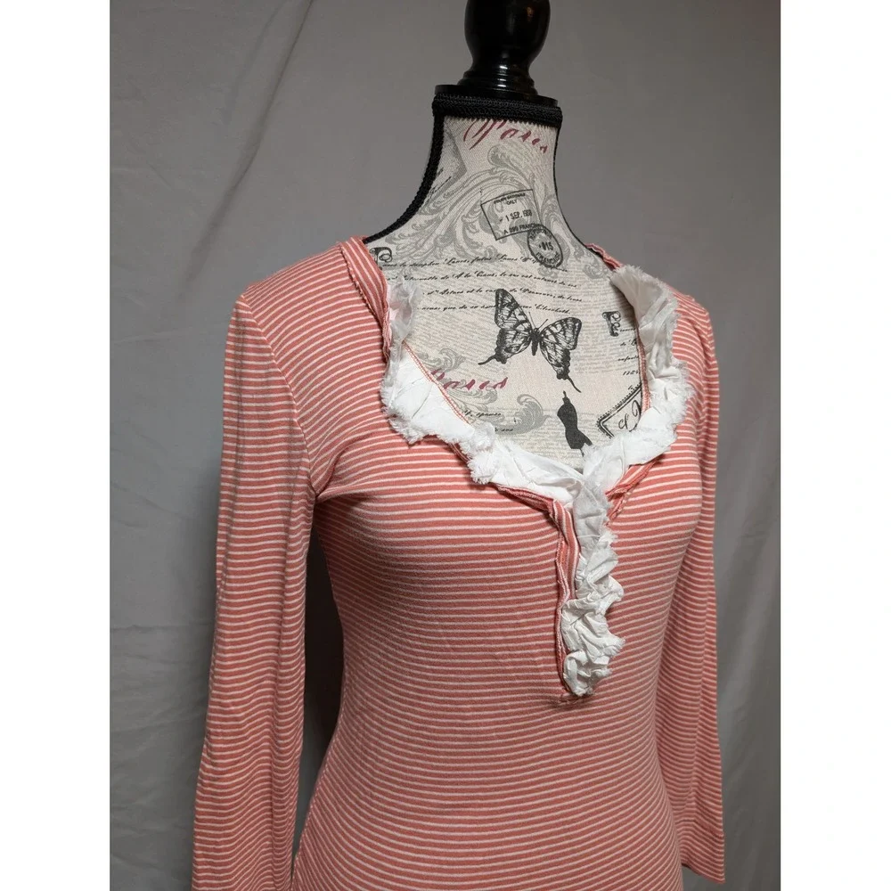 J Crew Peach White Striped Ruffle Button Front Cotton Henley Top Women's‎ Small